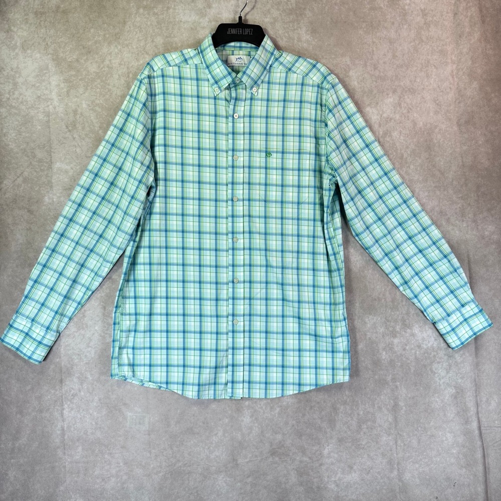 Southern Tide Button Down Men Medium Blue Green Plaid Performance Stretch